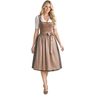 dressforfun Dirndl Midi-Dirndl Camel-Braun, versteckte Taschen, Samtmieder, Knopfleiste (Trachtenkleid Sandra, Konfektionsgröße 46, braun) Rechteckausschnitt, Glanz-Musterrock, braune Schürze, breite Schleife braun 46
