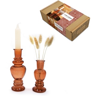 COMFORDER Mini Glasvasen & Kerzenständer Set bunt, Tischdeko Set aus 2 kleinen Vasen/Glaskerzenständern + 1 Kerze + 5 Trockenblumen (Rot)