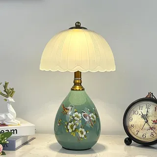 Mengjay Keramik Tischlampe,Handbemalte Blumen & Vögel, Vintage Glasschirm, Wohnzimmer Tischleuchte Nachttischlampe Fensterbank lampe Leselampe (A)