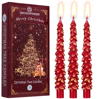 Deco Express Kerzen Set Weihnachten Deko 3er oder 6er Pack Wachs Deko Kerzen im Weihnachtsbaum Motiv 7h Brenndauer Ideal Zum Verschenken (Rot/Gold, 3 Stück)