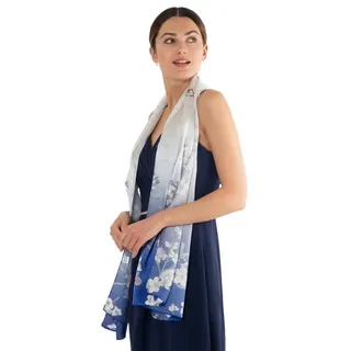 MayTree Seidenschal Mandelblüte blau, 55 x 175 cm, leichter Damen-Schal, alljährig, (Stück), Seidentuch 100% Seide blau