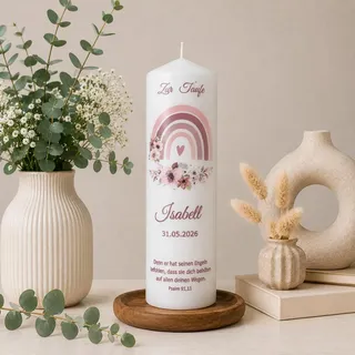 Eine personalisierte Taufkerze für Mädchen ist ein herzliches Geschenk für Paten oder Gäste, oft geschmückt mit Regenbögen und Blumen und individuell gestaltet mit Namen und Taufspruch,Taufgeschenk