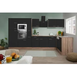 Respekta Winkelküche Oliver L-Form 370 x 172 cm E-Geräte schwarz seidenglanz/eiche york nachbildung
