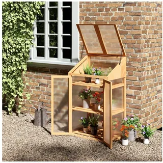 furnicato Hochbeet Mini-Gewächshaus 70L x 50B x 120H cm Braun, Pflanzbeet mit 3 Regalböden, Doppeltür und Belüftungsfenstern braun