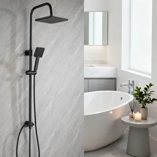 Ronvie Regendusche Schwarz ohne Armatur, 21x21cm Regendusche Duschkopf | Quadratisches Duschsystem ohne Armatur, Höhenverstellbar Duschstange von 79-128cm für badewanne kabine