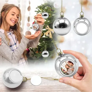 Christbaumkugeln Weihnachtsbaum Deko 1 PC Jede Kugel ist einem Wärmeübertragungs-Aluminiumblech ausgestattet Sie können Ihre eigenen Bilder basteln auf die Weihnachtskugeln kleben (Silber, 8CM)