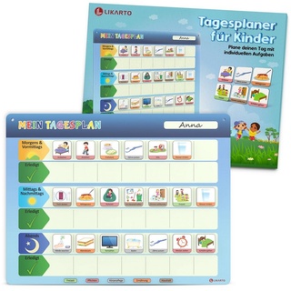 Likarto Lernspielzeug Tagesplaner für Kinder Montessori Magnettafel Kinder inkl. 152 Magnete, Mit Kordel - Komplett beschreib- und abwischbar blau