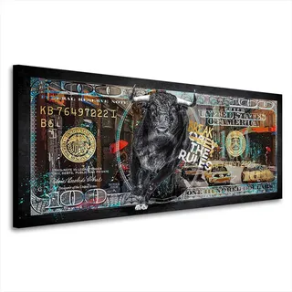 Kunstgestalten24 100 Dollar New York Stier Bild Pop Art Style Leinwandbild | Kunstdruck | Wanddeko | Street Art | Gemälde | Comic Bilder | Wandbild Leinwand Modern 100x40x4cm