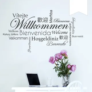 WANDKINGS Wandtattoo - Willkommen in verschiedenen Sprachen - 120 x 68 cm - Weiß - Wähle aus 5 Größen & 35 Farben