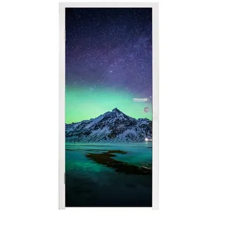 MuchoWow Türtapete Berg - Nordlichter - Schweden - Schnee - Grün - Winter, Matt, bedruckt, (1 St), Türfolie Selbstklebend, Türtapete, Türdeko Poster, 95x235 cm bunt 95 m x 235 m