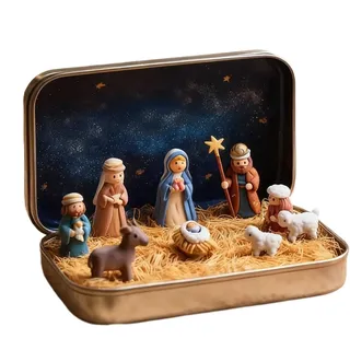 Generisch Mini Weihnachtskrippe Figuren Set in Einer Blechdose, Miniatur Krippen Figuren,Klassischen Design mit Heilige, Hirte und Jesus Figurens, Weihnachten Tisch Dekoration Krippe Zubehör