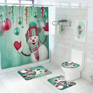 Bullpiano Weihnachts-Duschvorhänge-Set, 4-teilig, Weihnachts-Badezimmer-Set mit rutschfestem Teppich, WC-Deckelbezug und Badematte, Weihnachtsdekoration, wasserdichter Weihnachts-Duschvorhang,