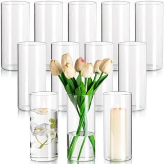 Glasseam Zylinder Vasen Deko Modern Blumenvasen, 12 Stück Glas Vasen Set, 20 x 8,5 cm Tulpenvase Glas Zylinder Kerzenständer für Stumpenkerzen, Minimalistische Flower Vase für Tischdeko Esstisch