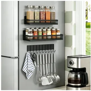 BlingBin Gewürzregal magnetisch 3er Set Kühlschrank Organizer, Küchenorganizer aus Metall, 3er Set 1-tlg., Küchenorganizer ohne Bohren, 2 Ablagen und 10 Haken, Schwarz schwarz