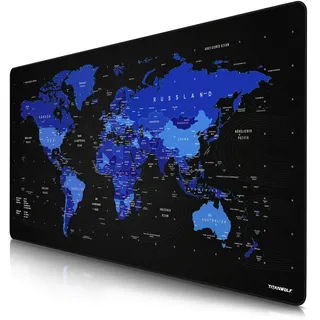 CSL - Übergröße DEUTSCHES Layout Titanwolf Mauspad 1200x600mm Weltkarte - XXXL Mousepad groß mit Motiv - Tischunterlage Large Size - XXL Gaming z.B. für Logitech Maus und Tastatur - blau