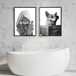 Martin Kench 2er Schwarz Weiß Tier Poster Set, Tier In Der Badezimmer Bilder, Tier Badewanne Bilder, Lustig Wandbilder Leinwand Poster, Wandkunst, Ohne Rahme (40x50cm)