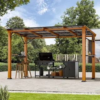Modern Shade Grillpavillon 1,8 x 3,6m Hardtop mit Pultdach, Winterfest Wasserdicht Stabil Metall Pavillon mit Flaschenöffner, Haken, BBQ Gartenpavillon für Terrasse, Garten und Hinterhof, Holzoptik