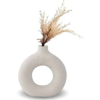 Donut Vase, Runde Vase Mit Loch, Keramik Vase Beige, Moderne Vase, Für Trockenblumenarrangements Und Pampasgras, Geeignet Für Wohnzimmer, Schlafzimmer, Bürodekoration - S