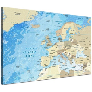 LANA KK – Europakarte Leinwandbild mit Korkrückwand zum pinnen der Reiseziele „Europakarte Frozen” - englisch - Kunstdruck-Pinnwand Globus in blau, in 100x70cm