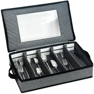 VERONLY Besteck-Aufbewahrungskoffer, Besteckbox mit Trennwänden, Besteckhalter mit 5 Fächern und abnehmbarem Deckel, Griffe für Messer (Hellgrau)