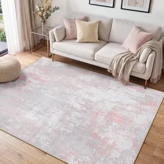 INOVADAY Abstrakt Waschbarer Teppich 120x180 cm Rosa Grau | Teppich Wohnzimmer, Teppich Waschbar, Schlafzimmer, Esszimmer, Büro, Moderne Minimalistische, Kurzflor Weich Rutschfest, OEKO