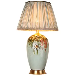 FAZRPIP Kupfer Amerikanische Keramik Tischlampe Blumen- Und Vogelmalerei Einfache Keramik Tischlampe Schlafzimmer Nachttischlampe Leselampe