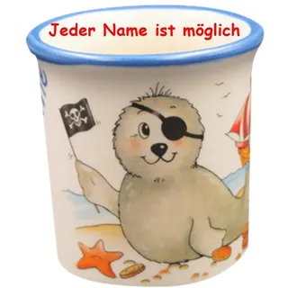 Carstens Keramik Eierbecher mit Name, Seehund als Pirat mit Augenklappe. * Jeder Name ist möglich * ca 5 cm hoch