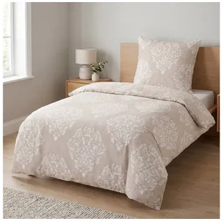 LINKHOFF Bettwäsche Biber Bettwäsche 135x200 oder 155x220 + 80x80 cm 2tlg. – Beige Weiß, Paisley Ornamente – 100% Baumwolle warme Feinbiber Winterbettwäsche
