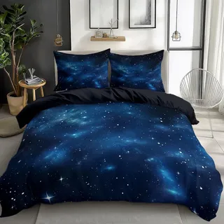 CozyRest Bettwäsche Schwarz 135 x 200 cm 3D Effekt Wende Bettwäsche Set Sternenklarer Nachthimmel Sterne Mikrofaser Luxus Modern Gedruckt Bettbezug Set mit Reißverschluss 80x80 cm