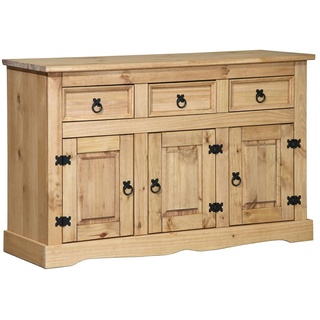 Möbilia Sideboard | 3 Schubladen, 3 Türen | Kiefer-Holz massiv | B 132 x T 44 x H 84 cm | honigfarbend, gewachst | 19020030 | Serie KOMMODE