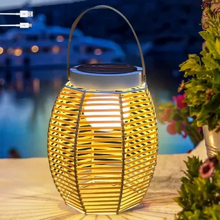 Solarlampen für Außen Garten Kabellos USB und Solar Aufladbar Innen Tischleuchte Boho Rattan Gartenleuchte LED Solar Hängelampe IP55 Wasserdicht Solarleuchten für Patio Balkon Terrasse Schlafzimmer