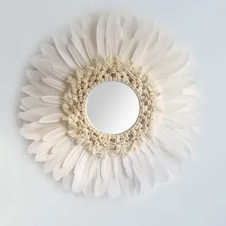 ZNKZJ Wandspiegel mit Feder, handgemachte Boho Home Runde Makramee Wandspiegel Dekoration für Wohnzimmer Schlafzimmer Korridor, White_45cm