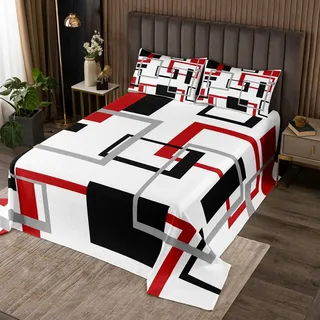Homewish Geometrie Weiß Schwarz Rot Grau Streifen 240x260cm Tagesdecke | Weich Geometrisches Gitter Kariert Tagesdecken für Kinder Jungen Mädchen Moderne Kreative Kunst Tagesdecke Weich