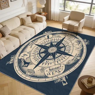 TerroVee Zirkel Teppich 140x200 cm, Vintage Nautisch Maritim Teppich Wohnzimmer, Kompass Kurzflor rutschfest Pflegeleicht Teppiche Für Jugendzimmer Schlafzimmer, Marineblau Creme Beige