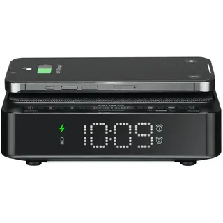 AIWA CR-30BK Funkwecker, kabelloses Laden von 5 W, PLL-FM-Radio mit 10 voreingestellten Stationen und Dual-Alarmen mit Radio- oder Piepton-Optionen