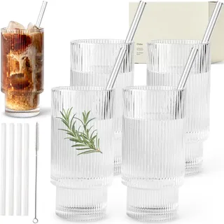 KIVY Geriffelte Gläser 4er Set mit Strohhalm - Longdrinkgläser - Riffle - Ripple Aesthetic - Gin - Cocktailgläser - Eiskaffee - Trinkglas