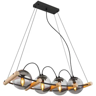 GLOBO Pendellampe 4-flg. E27 75 cm Rauchglas Metall schwarz Holz braun