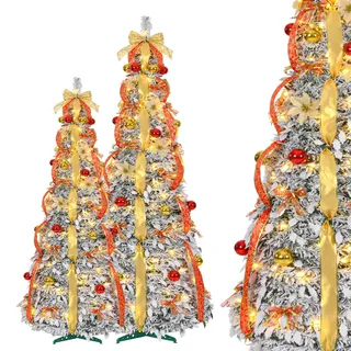 Aufun 150 cm Pop Up Spiral Weihnachtsbaum mit 100 LED, Tannenbaum Künstlich, Zusammenklappbarer Christbaum Mit Weihnachtskugeln, Sternspitze, Weihnachtsdeko für Haus, Geschäft (Rot+Gold mit Schnee)