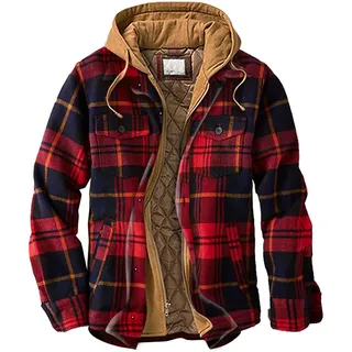 Youthful flying Herren Kariert Langarm Holzfällerhemd Thermohemd Gefüttert Winterjacke Langarm Arbeitshemd Freizeit Karohemd mit Kapuze Hemdjacke(Size:3XL,Color:Rot)