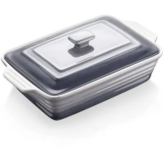 LOVECASA Rechteckige Auflaufform aus Steingut, 4500 ml, Lasagneform mit Deckel und Griffen, 39,5 x 34 x 9 cm, ofen- und mikrowellengeeignet, Grau mit Farbverlauf