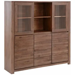 loft24 Highboard Walter, Vitrinenschrank Vitrine, Wohnzimmer Schrank, Akazie, Landhaus braun