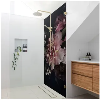 Bilderdepot24 Duschrückwand Blumen schwarz Duschrückwand ohne Bohren Dusche Motiv, (1-tlg., 0,61 mm starke Folie selbstklebend Wandpaneele Dusche versch. Größen), fugenlose & wasserfeste Motiv Rückwand Wandverkleidung für Duschkabine schwarz 100 cm x 190 cm