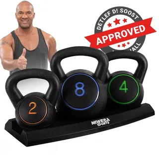 Miweba Sports Kettlebell-Set | 3-er Set - mit Ablage - 2kg, 4kg, 8kg - Ganzkörper-Workout - Schwunghantel - Widerstandsfähig - Kugelgewicht - Hantel - Schwarz