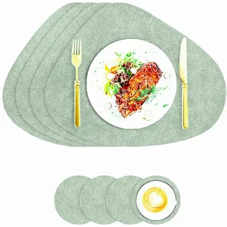 Tischsets Kunstleder und Untersetzer, Tischsets Abwaschbar Doppelseitigen rutschfest Rund Platzdeckchen, Lederoptik Platzsets Teller Untersetzer, Isolierung schützt den Tisch (Grün-Beige)