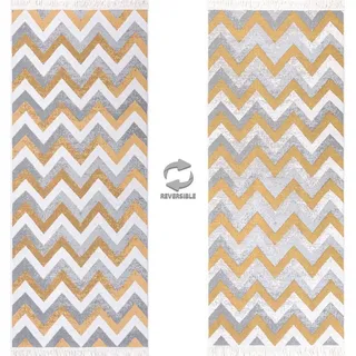 jimri Fashion4Home Teppich Läufer - Tepiche für Wohnzimmer, Schlafzimmer, Küche, Kinderzimmer, Badezimmer - Boho Kelim - Läufer Flur, Zigzag-Gold, Größe: 60x90 cm