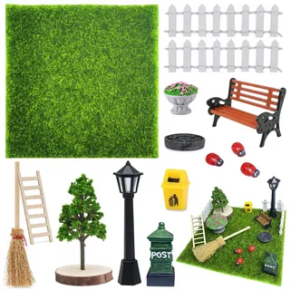 15 Stück Miniatur Garten Zubehör,Kunstrasen Miniaturgarten,Zubehör mit Miniatur Kunstrasen, Zaun, Bank, Straßenlampe, Holzleiter,Baum, Besen,Mini Garten Möbel Deko Set für Puppenhaus