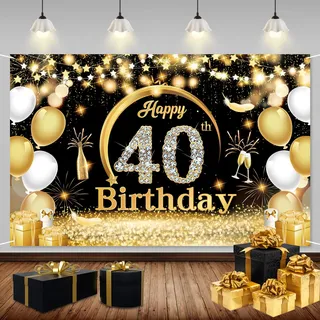 ZAHRVIA 40. Geburtstag Banner Schwarz Gold, Premium Stoff Geburtstagsdeko mit Metallösen, Wiederverwendbarer Hintergrund für 40. Geburtstagsparty Deko, Geschenk für Mann, Frau