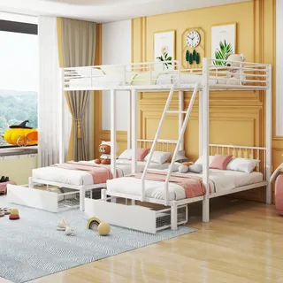 Merax Etagenbett 90x200cm/140x200cm mit Schubladen und Tisch, Hochbett mit Leiter und Rausfallschutz, Metallbett Kinderbett Jugendbett für 3 Kinder - Weiß
