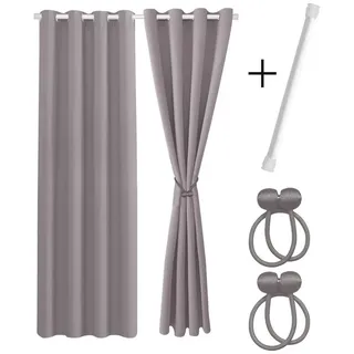 Cozyor Vorhang Set mit 2x Gardine + 2x Vorhanghalter + 1x Gardinenstange ohne Bohren (2 St), Ösen, verdunkelnd, Polyester, blickdicht hellgrau Moonlight, Thermo Gardine 220x135 cm mit Magnethalter, Flur & Fenster grau