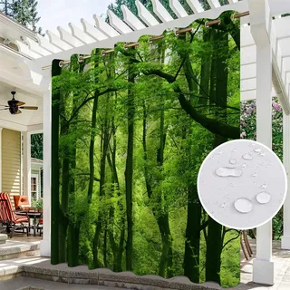 Hiseng wasserdichte Vorhänge Outdoor, Wald Muster Outdoorvorhänge Wetterfest Blickdicht Verdunkelungsvorhang mit Ösen 1 Stück Sichtschutz Sonnenschutz Vorhang für Garten (150x166cm,Grün Wald)